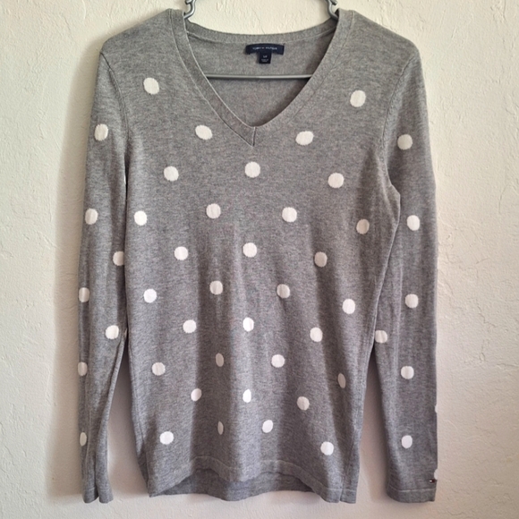 Tommy Hilfiger Gray V Neck Polka Dot Long Sleeve Women's Sweater Size S/P - Picture 1 of 5